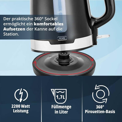 KHG Wasserkocher für 1,7 Liter Wasser | 2.200 Watt | kabellose Kanne | 360° Sockel | Abschaltautomat