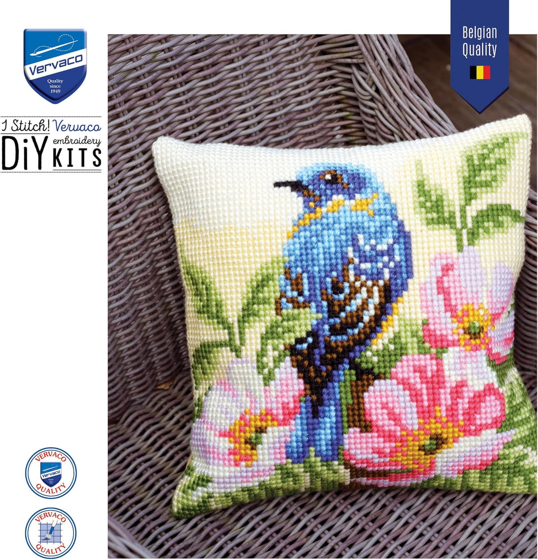 Vervaco Vogel auf Wilder Rose Kreuzstichkissen/Stickkissen vorgedruckt, Baumwolle, Mehrfarbig, 40 x