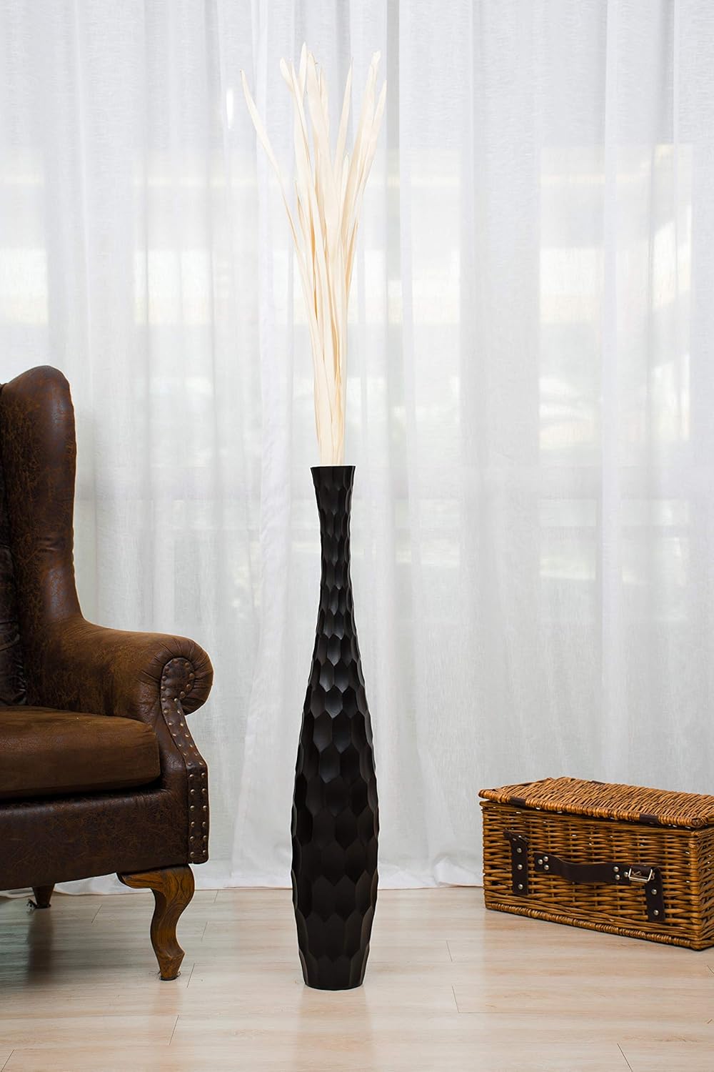 Leewadee Grosse Bodenvase für Dekozweige hohe Standvase Design Holzvase, Holz, 90 cm, Schwarz 90 cm