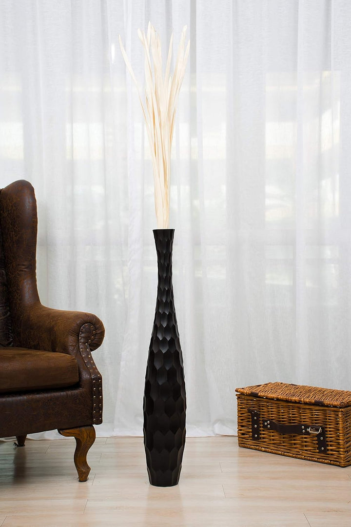 Leewadee Grosse Bodenvase für Dekozweige hohe Standvase Design Holzvase, Holz, 90 cm, Schwarz 90 cm