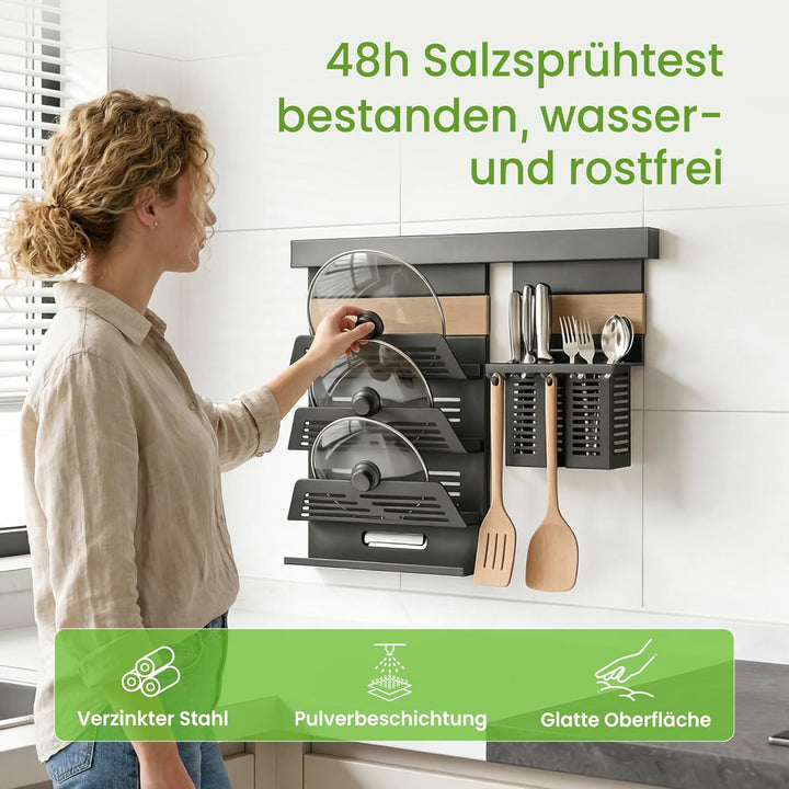 Mai & Mai Topfdeckelhalter mit Utensilientöpfe inkl. 5 Haken, Multifunktional Küchenregal abnehmbar