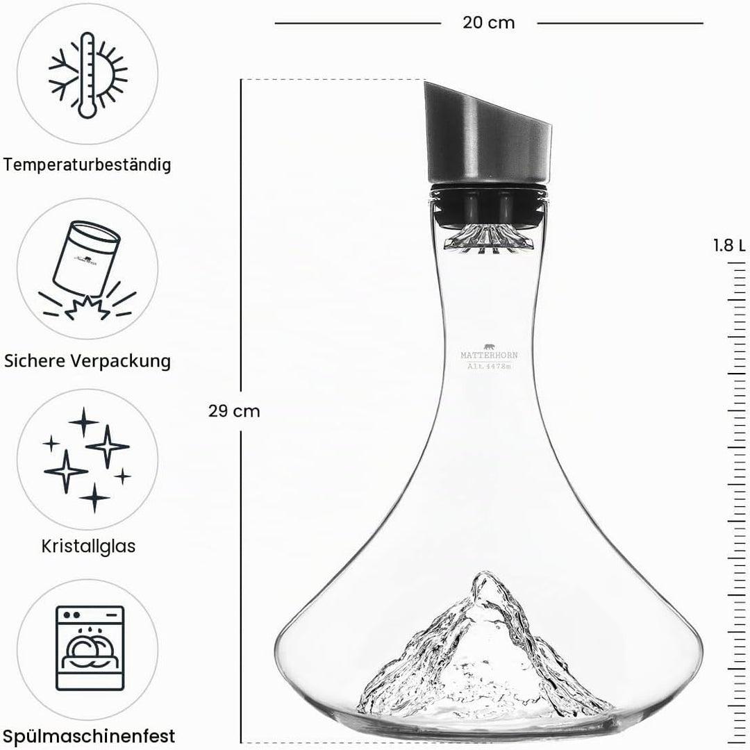 Weindekanter, 1,8 l, hochwertiges Borosilikat, handgeblasen, mit geprägten Bergen, 3-in-1-Verschluss
