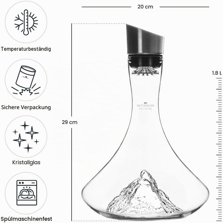 Weindekanter, 1,8 l, hochwertiges Borosilikat, handgeblasen, mit geprägten Bergen, 3-in-1-Verschluss