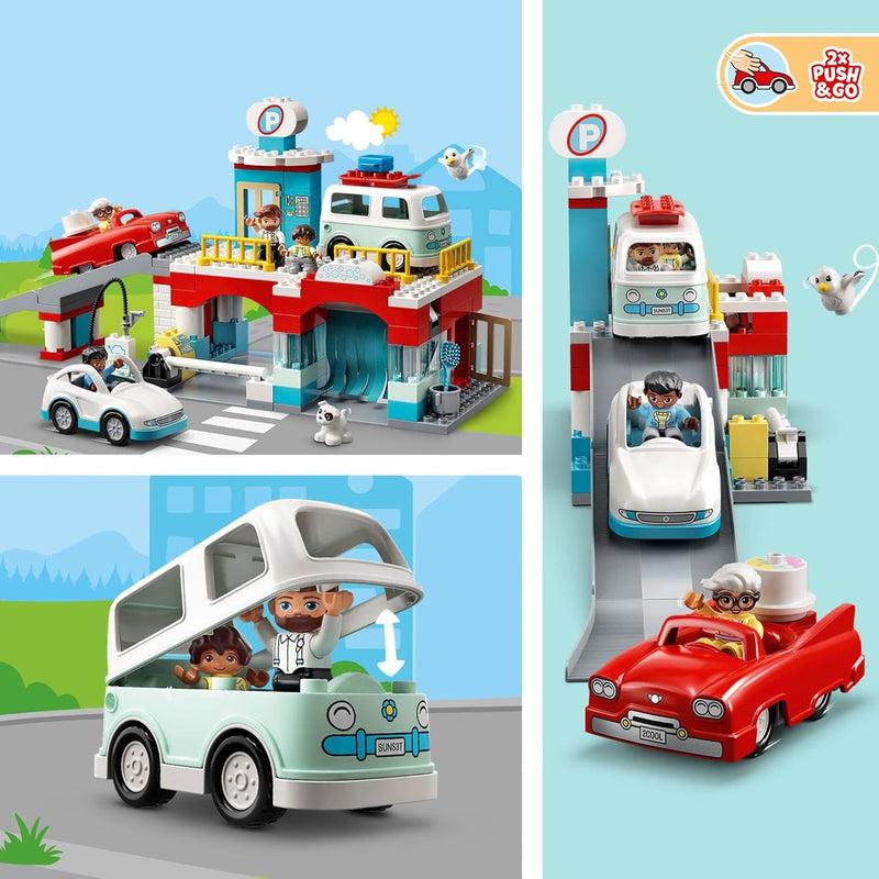 LEGO 10948 DUPLO Parkhaus mit Autowaschanlage mit Spielzeugauto, Wohnmobil und Rennauto, Garagen-Spi