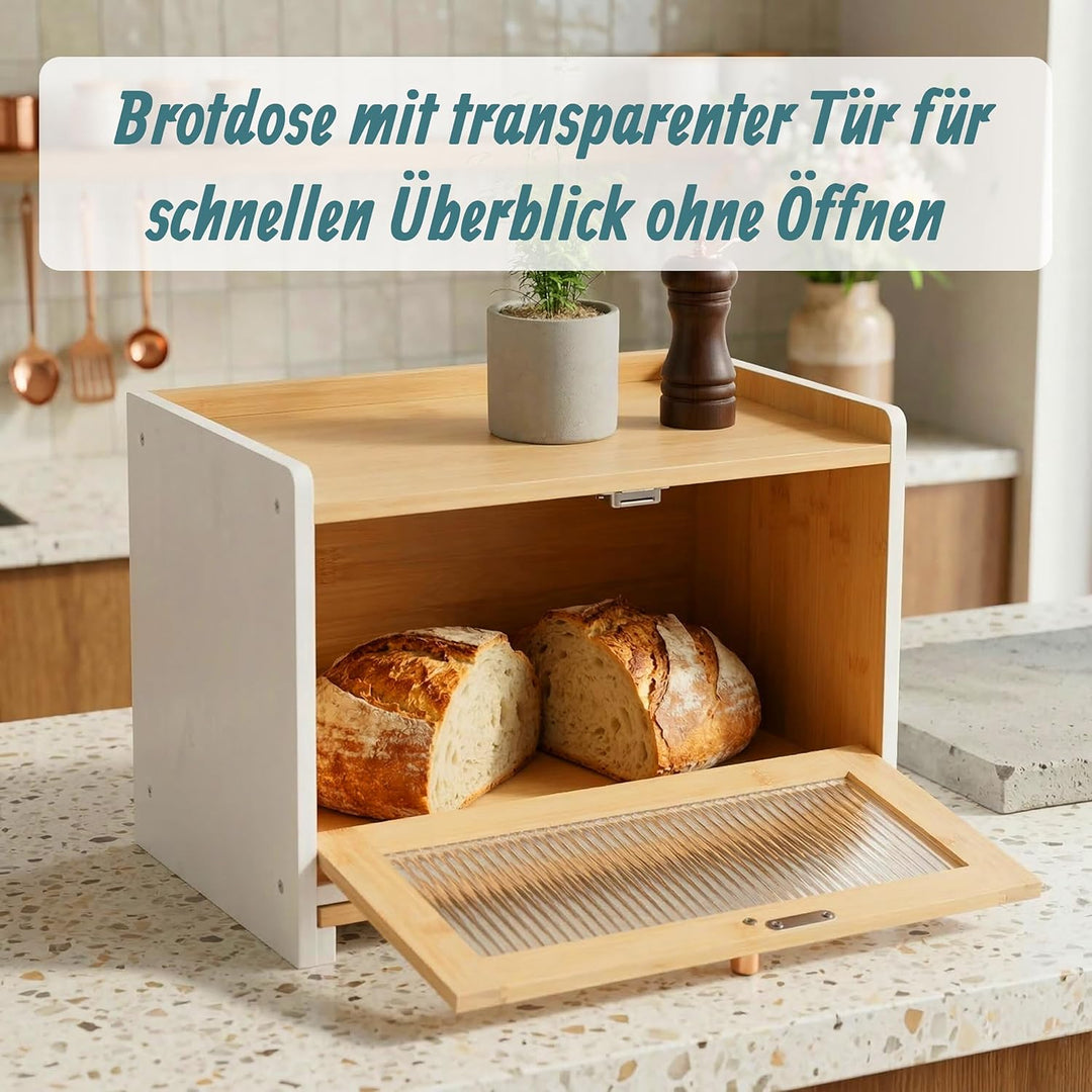 Relaxdays Brotkasten, Bambus, Schneidebrett, Ablage, Luftlöcher, Sichtfenster, HxBxT: 26 x 40 x 25 c