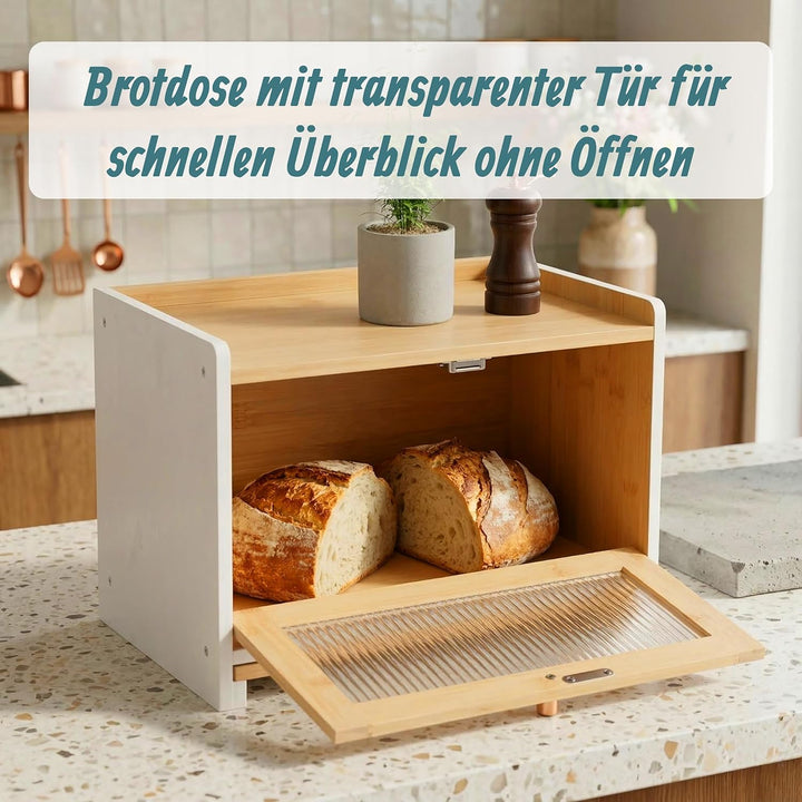 Relaxdays Brotkasten, Bambus, Schneidebrett, Ablage, Luftlöcher, Sichtfenster, HxBxT: 26 x 40 x 25 c