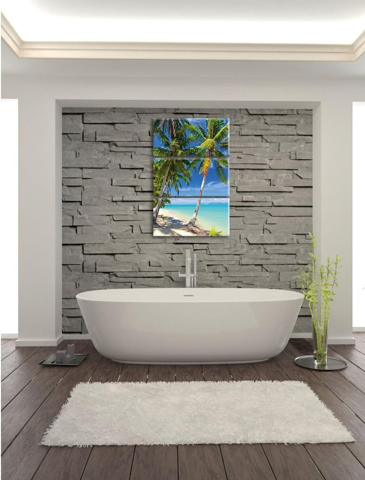 Pixxprint Palmen Traumstrand / 3-Teilig/Gesamtmass 120cm Leinwandbild bespannt auf Holzrahmen/Wandbi