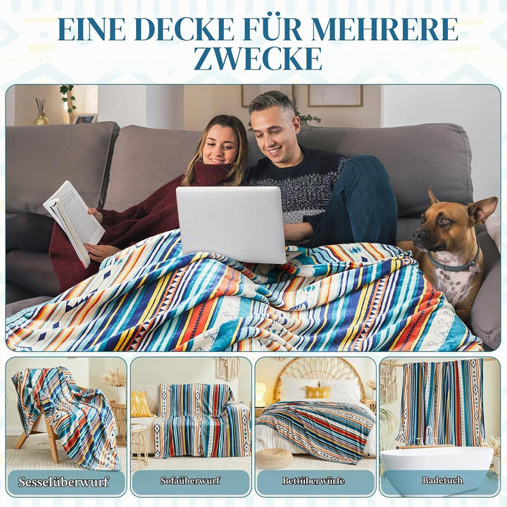 Qucover Kuscheldecke Wohndecke 130x150cm,Zweiseitige Bunte Decke Boho,Flauschig&amp;Weich Sofadecke Couc