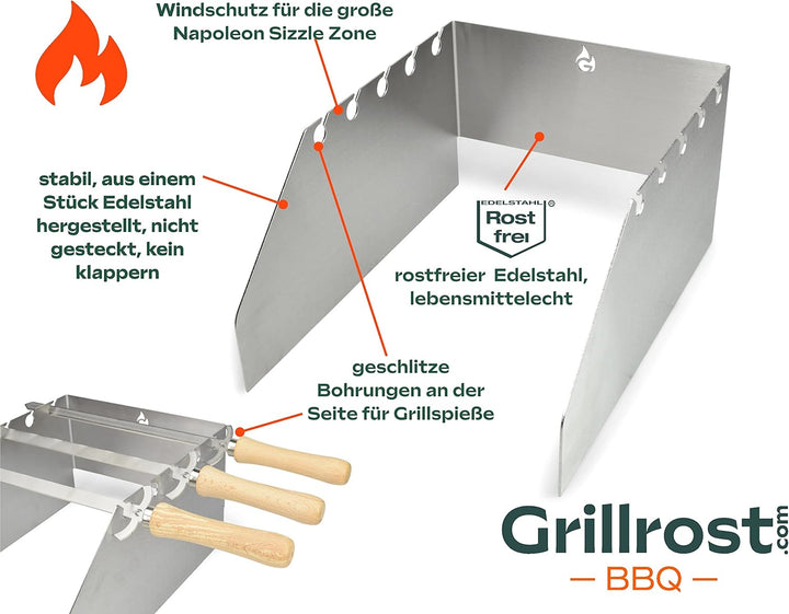 Grillrost.com Das Original Edelstahl Windschutz und Spiesshalter | für Napoleon grosse Sizzle Zone (