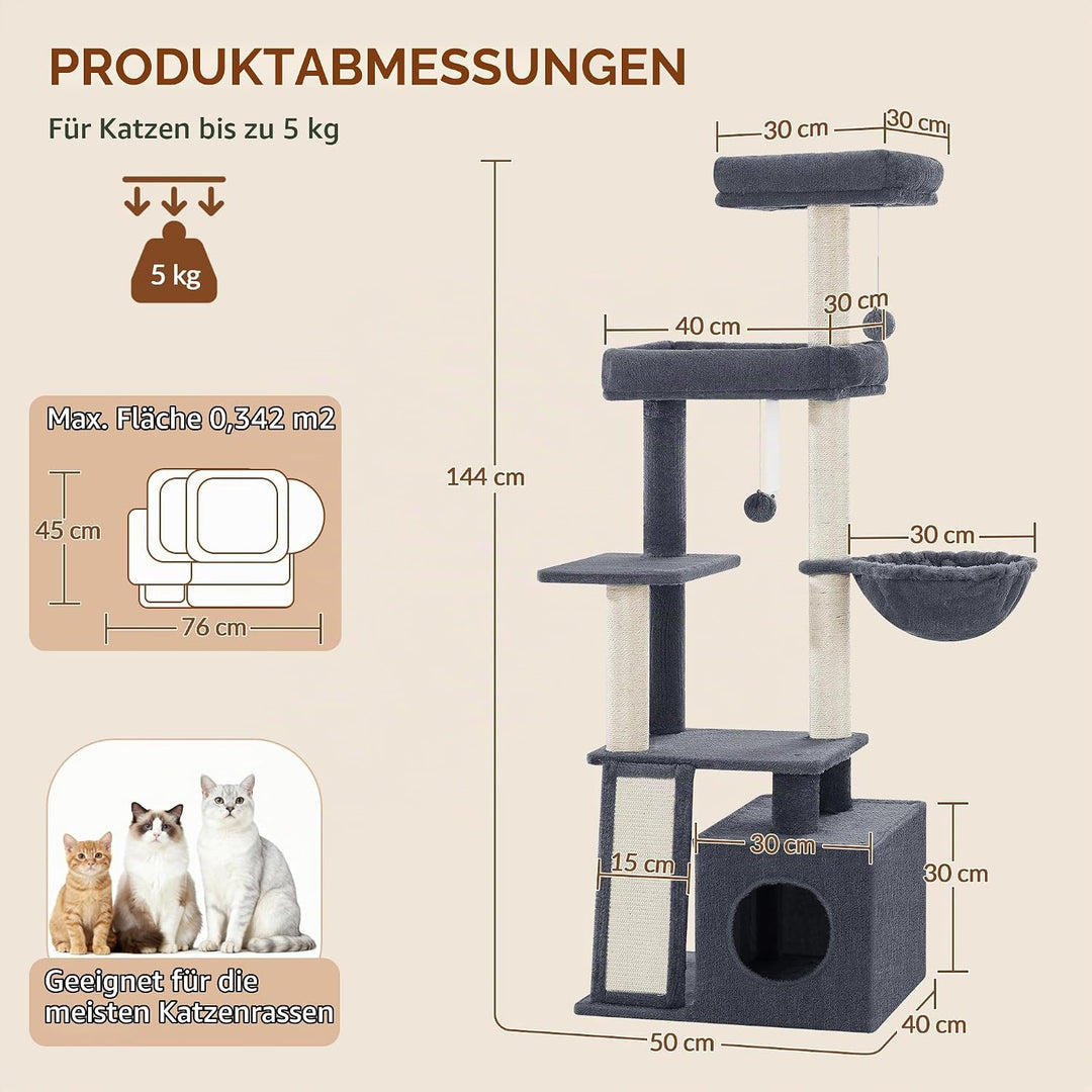 kratzbaum katze, 144 cm Katzenbaum, Mehrstöckiger katzenkratzbaum mit Kratzbrett, 4 Sisalstangen, Ge