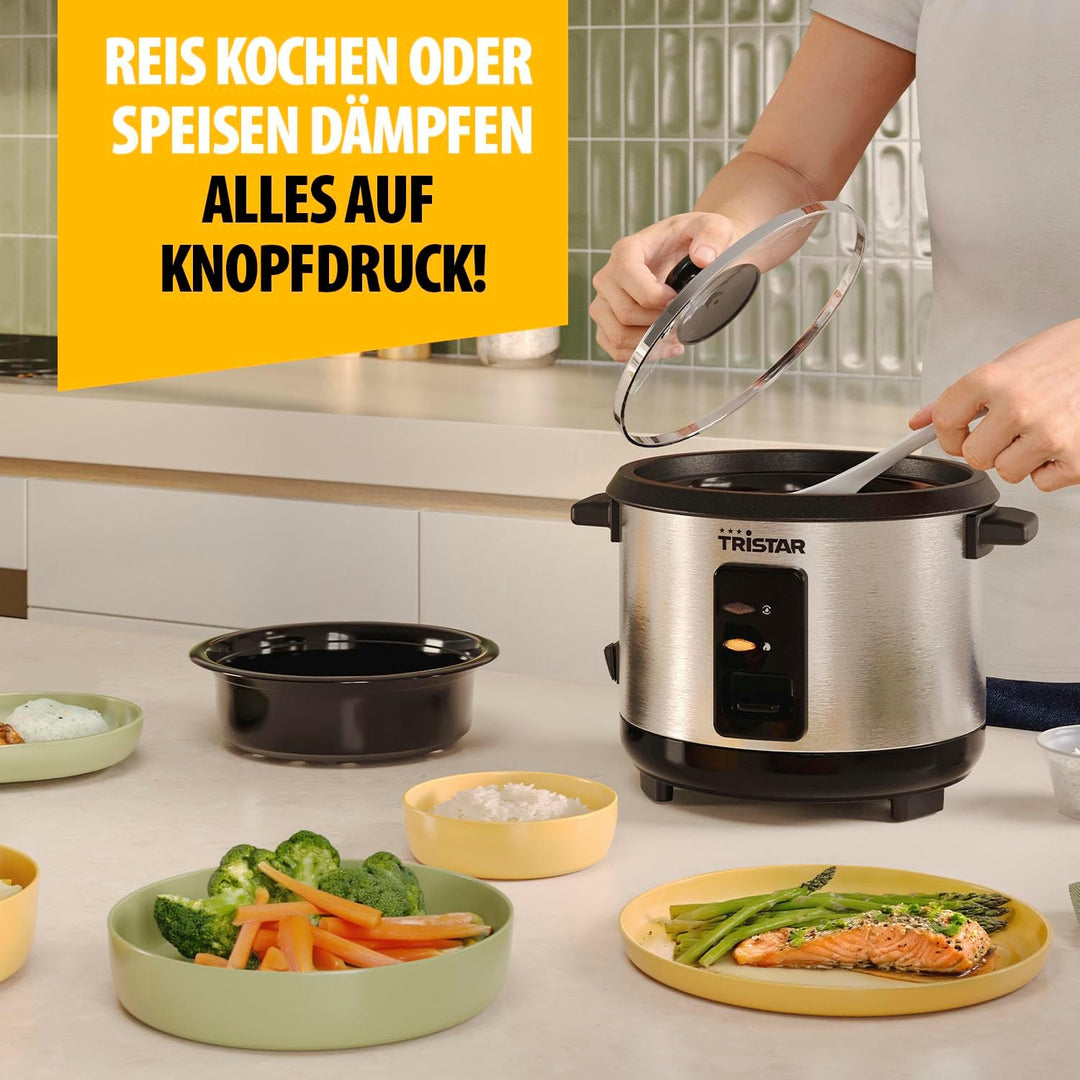 Tristar Reiskocher, 1 L Kapazität für bis zu 5 Portionen, Edelstahlgehäuse, Antihaft-Innentopf, Damp