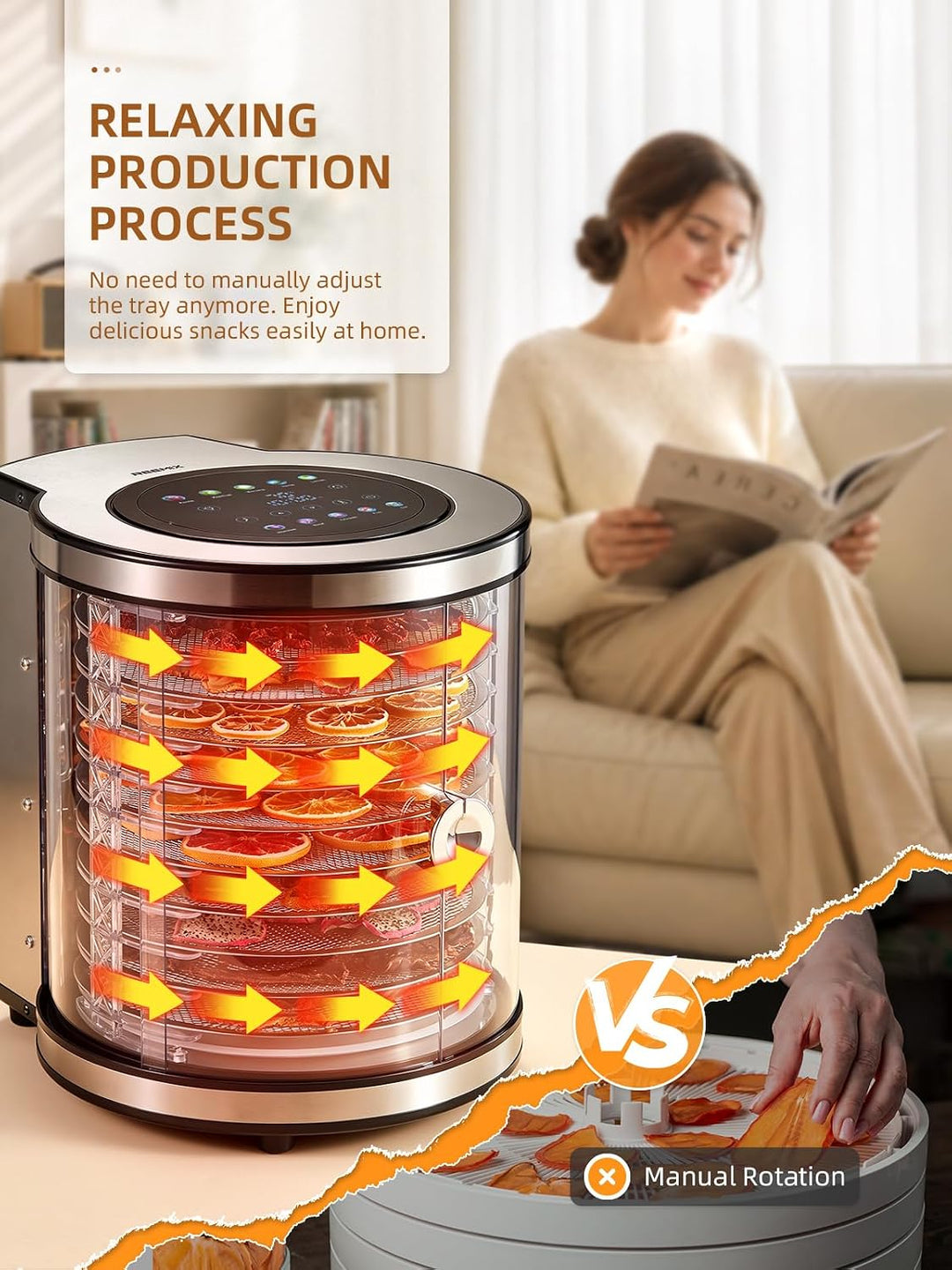 Dörrautomat 10 Etagen Edelstahl mit LCD-Display – Lebensmitteltrockner mit Rotation, 850 W, 35–75 °C