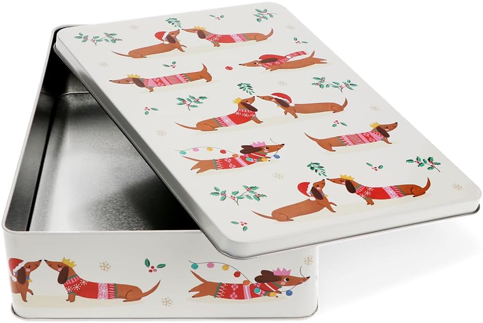 Rex London Keksdose Sausage Dog - Festlicher Dackel Dose square Blechdose rechteckig ca.27x19x6,5cm