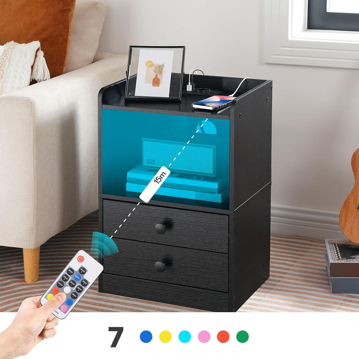 HOOBRO Nachttisch mit LED Streifen, Nachttisch mit Ladestation, Beistelltisch mit 2 Schubladen, Sofa