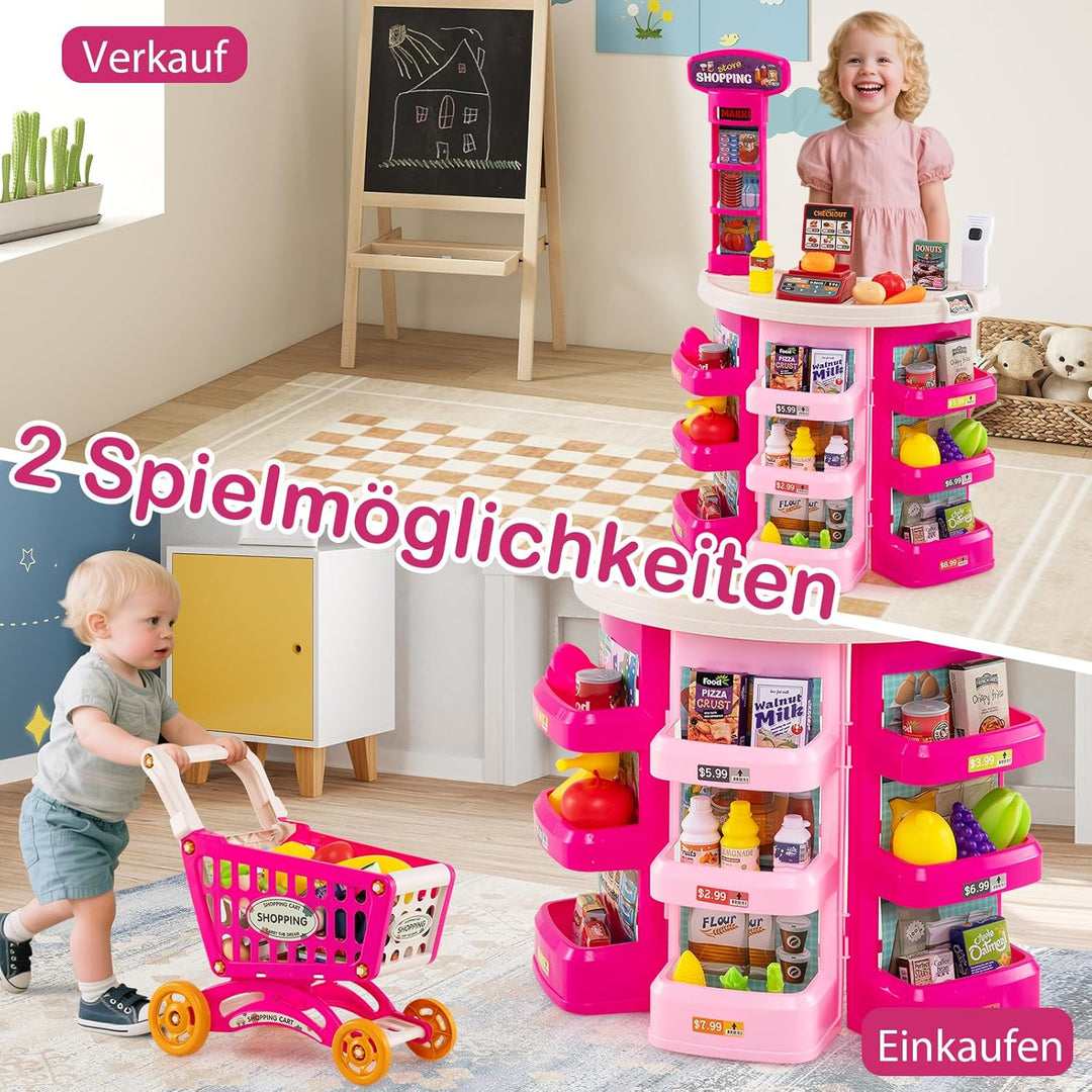 COSTWAY Kaufladen mit Einkaufswagen, Kinder Kaufmannsladen mit Waage, Regalen, Scanner mit Licht & S