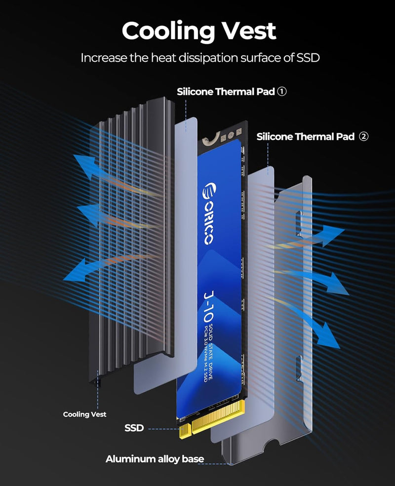 ORICO NVMe M.2 SSD 1TB PCIe Gen3.0x4, bis zu 3100 MB/s, 3D NAND Interne SSD mit Kühlkörper, Internes