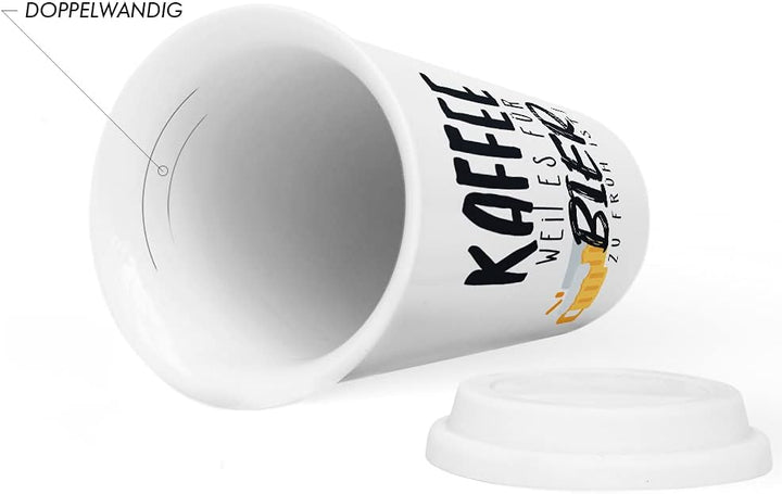 JUNIWORDS To-Go Becher mit Deckel, Kaffee weil es für Bier zu früh ist!