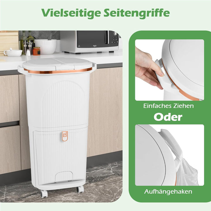COSTWAY Mülleimer Küche, Mülltrennsystem 3 Fächer, 2 x 12L Inneneimer & 14L Treteimer, Abfalleimer m