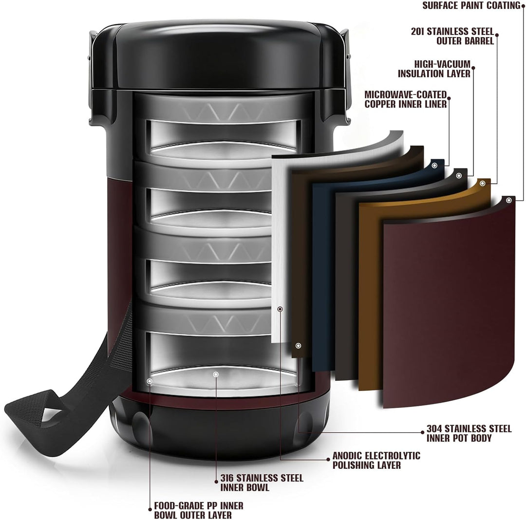 KATLKIU Thermobehälter Essen mit 4 Einzelnen Trennbehältern, Isolier-Lunchbox Edelstahl 2.6L, Auslau