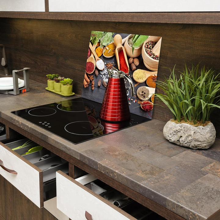 SmartDecoration Herdabdeckplatte Ceranfeldabdeckung aus Glas 60x52 cm Einteilig Motiv "Gewürze" Grau