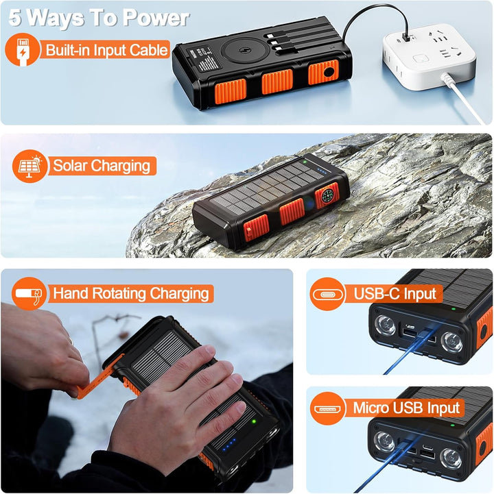Wireless Solar Powerbank 26800mAh mit Handkurbel &amp; 4 Kabeln, USB-C 15W Schnellladung Externer Akku 7