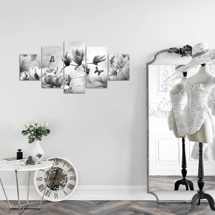 Runa Art Wandbilder Blumen Magnolien 5 Teilig Bild auf Vlies Leinwand Deko Wohnzimmer Schmetterling