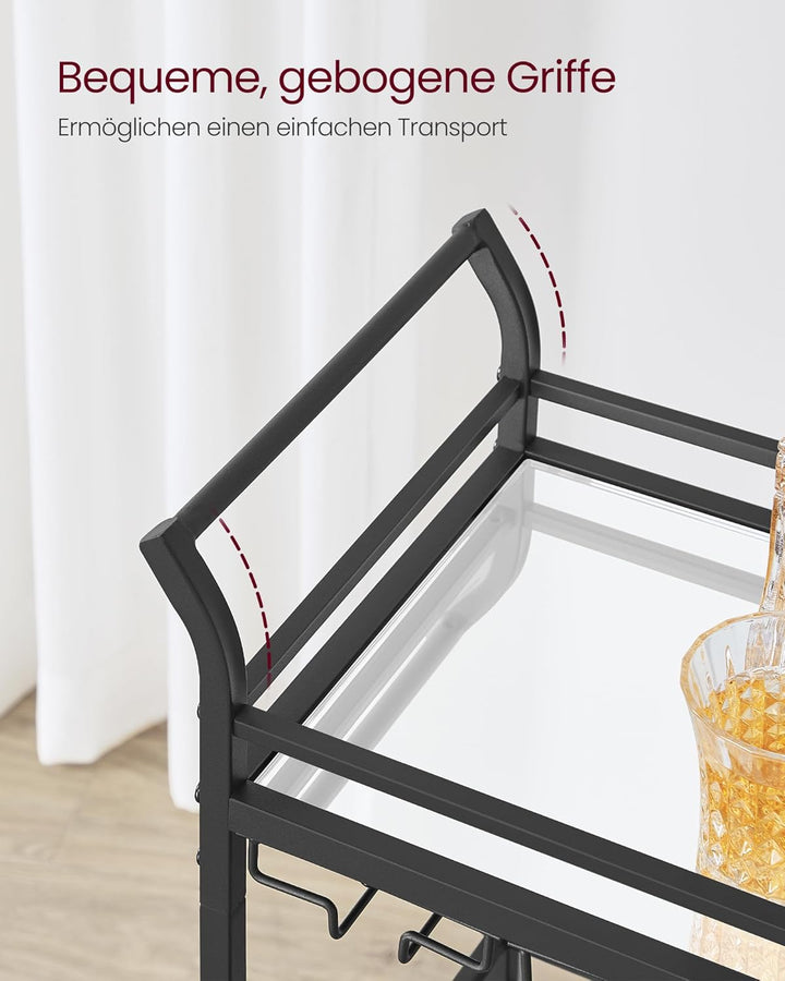 VASAGLE Servierwagen, 3 Ebenen, Rollwagen, mit Rollen, Griffen, verspiegelte Glasablagen, für kleine
