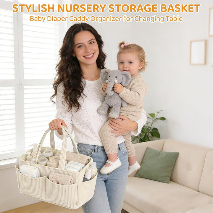 Wickelkorb Cord für Wickeltisch,Baby Windel Caddy Organizer mit Wechselbaren Fächern,Stilvoller Aufb