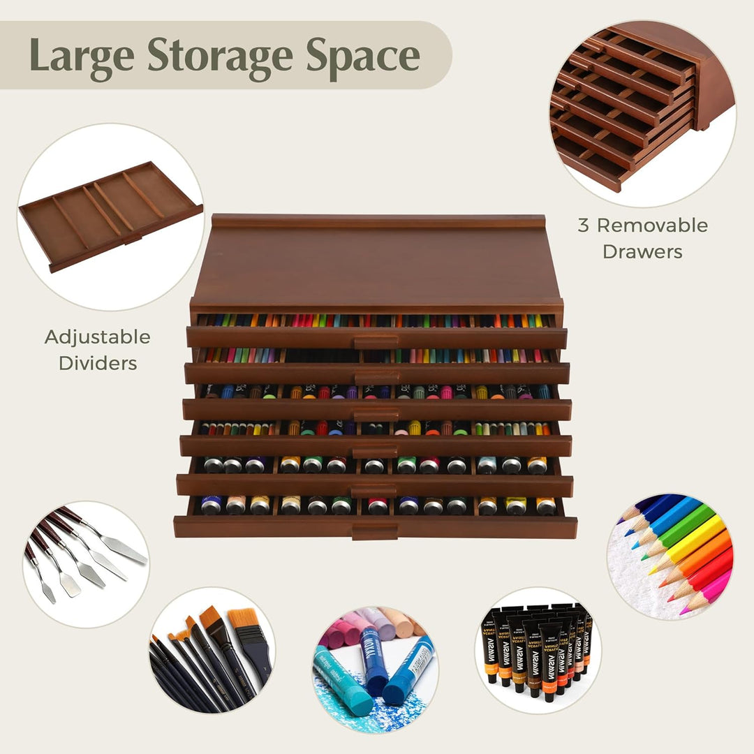 VISWIN 6-Schublade Holz Künstler Supply Storage Box mit abnehmbaren Trennwänden, Premium Buche Holz