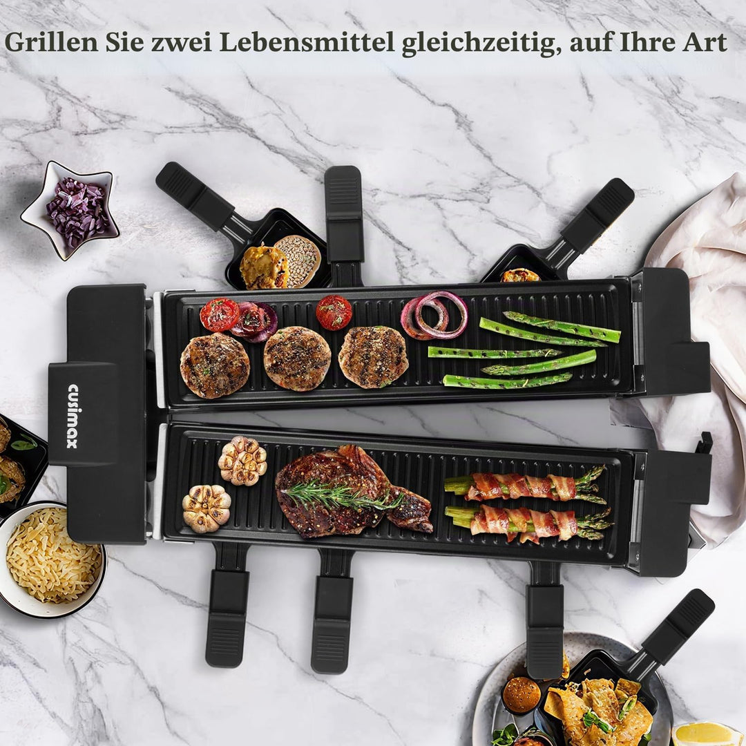 CUSIMAX Raclette Grill, Drehbarer Raclette mit 2 Separaten Grillplatten, 1400W Raclette für 8 Person