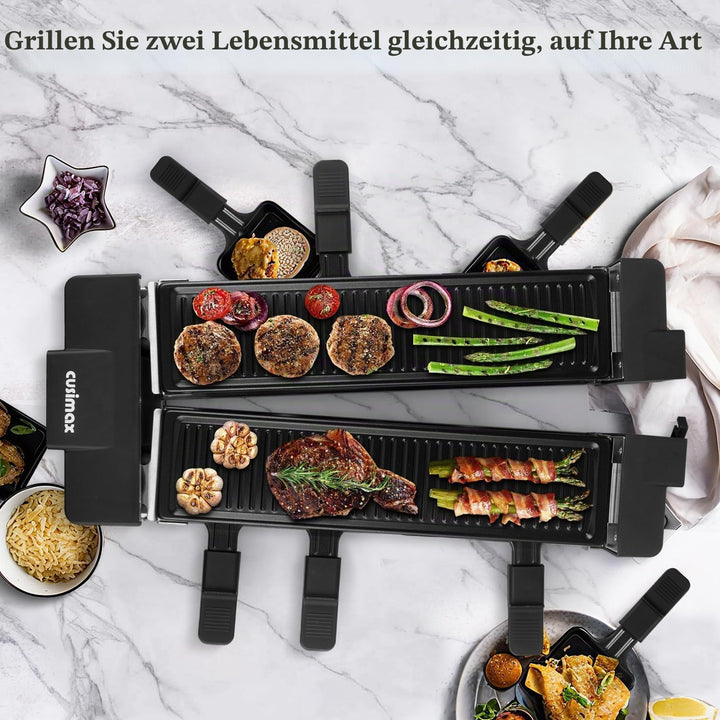 CUSIMAX Raclette Grill, Drehbarer Raclette mit 2 Separaten Grillplatten, 1400W Raclette für 8 Person