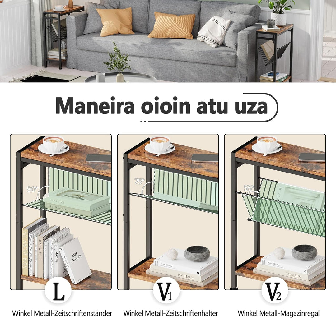 Schmaler Beistelltisch, 2er Set 3 Ablagen Nachttisch Schmal mit Zeitschriftenhalter, sofa beistellti
