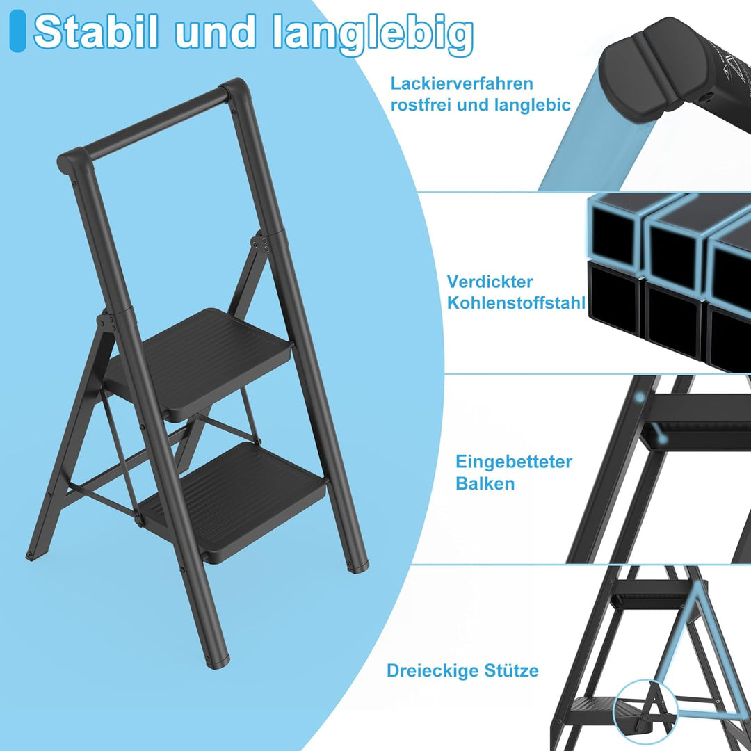 Aufun Trittleiter 2 Stufen, Klappleiter mit breitem Anti-Rutsch-Pedal, Mit Handlauf Haushaltsleiter
