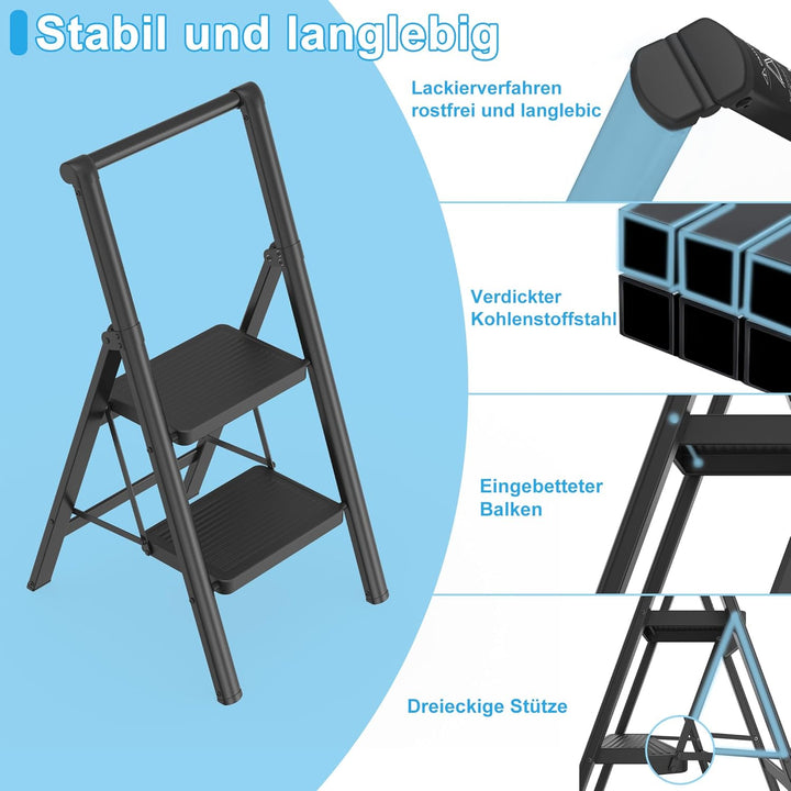 Aufun Trittleiter 2 Stufen, Klappleiter mit breitem Anti-Rutsch-Pedal, Mit Handlauf Haushaltsleiter
