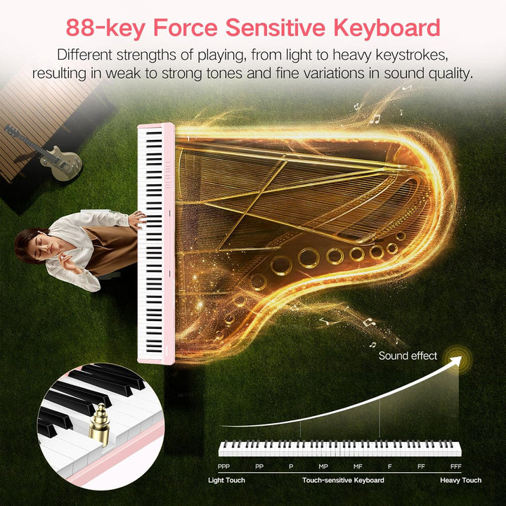 TERENCE E Piano 88 Tasten Rosa, Keyboard Piano mit Halbgewichtet, Faltbares Klavier mit Aufnahme und
