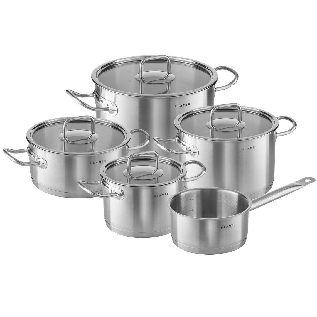 KLAMER Premium Edelstahl Kochtopf-Set mit Glasdeckel, Töpfe Set unbeschichtet, Induktionstöpfe-Set (