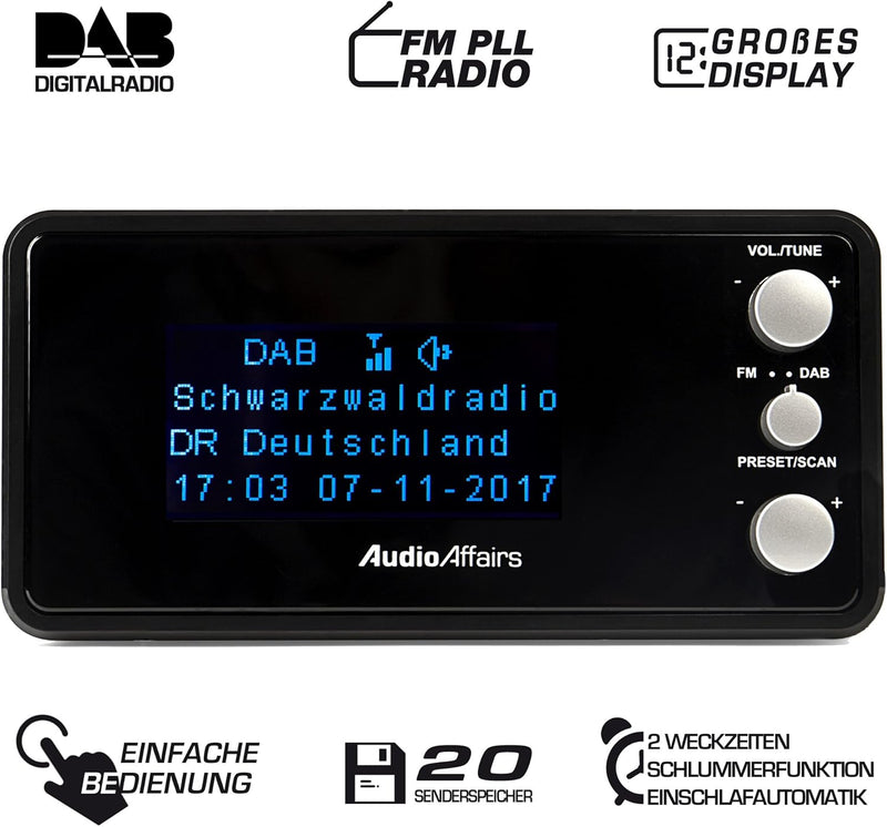 AudioAffairs Digitaler Radiowecker DAB+ | UKW/FM | dimmbares Display | Wecker mit Radio oder Alarmto