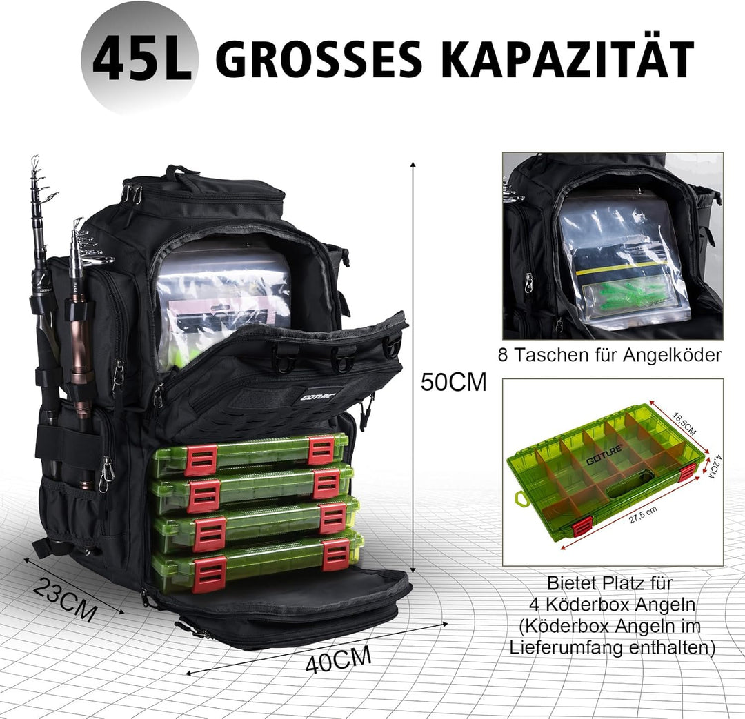 Goture Angelrucksack mit 4 Köderbox Angeln, 45-Liter Angelzubehör-Rucksack mit Zwei Rutenhaltern und
