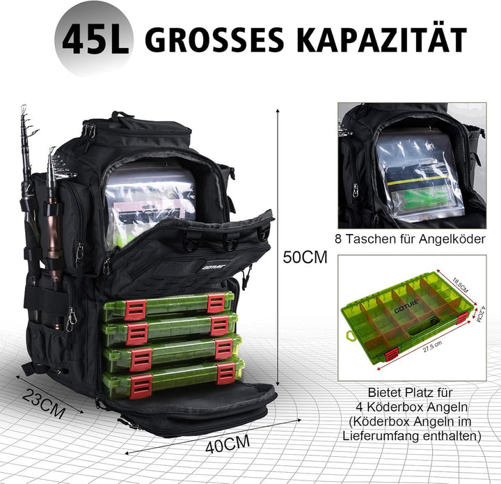Goture Angelrucksack mit 4 Köderbox Angeln, 45-Liter Angelzubehör-Rucksack mit Zwei Rutenhaltern und