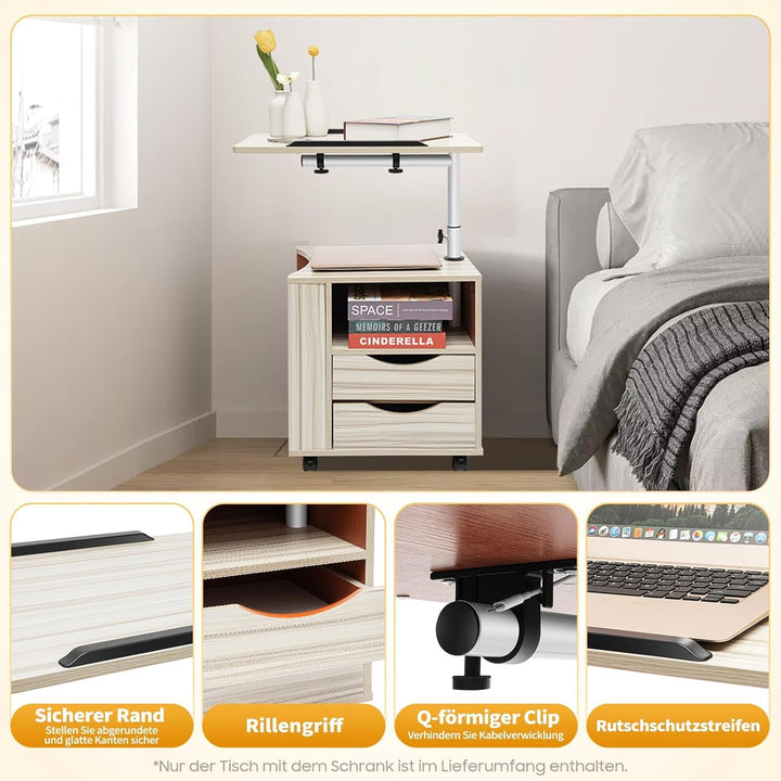 Eieblek Mobiler Beistelltisch Höhenverstellbarer Pflegetisch für Bett mit 4 Rollen, 60×40cm Laptopti
