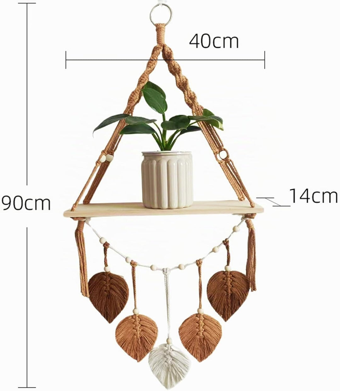 Makramee Holz Wandregal,Boho Hängeregal Wand Deko 40x 90x14 cm Pflanzenregal, Bücherregal Badezimmer