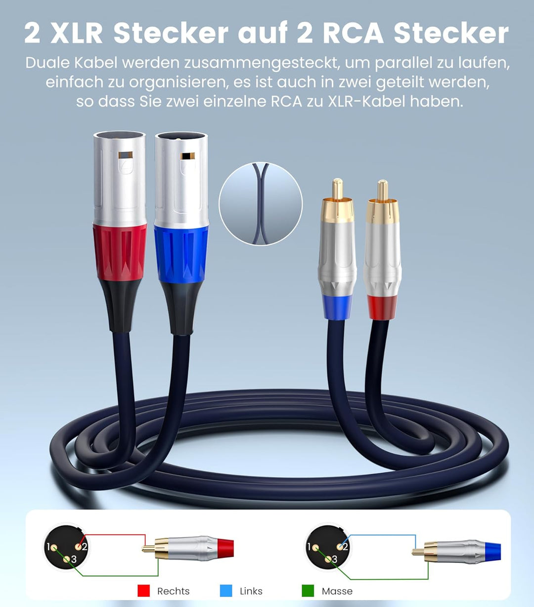 Tisino Dual Cinch auf XLR Kabel, 2 Cinch auf 2 XLR Male HiFi Stereo Audio Verbindung Mikrofonkabel D