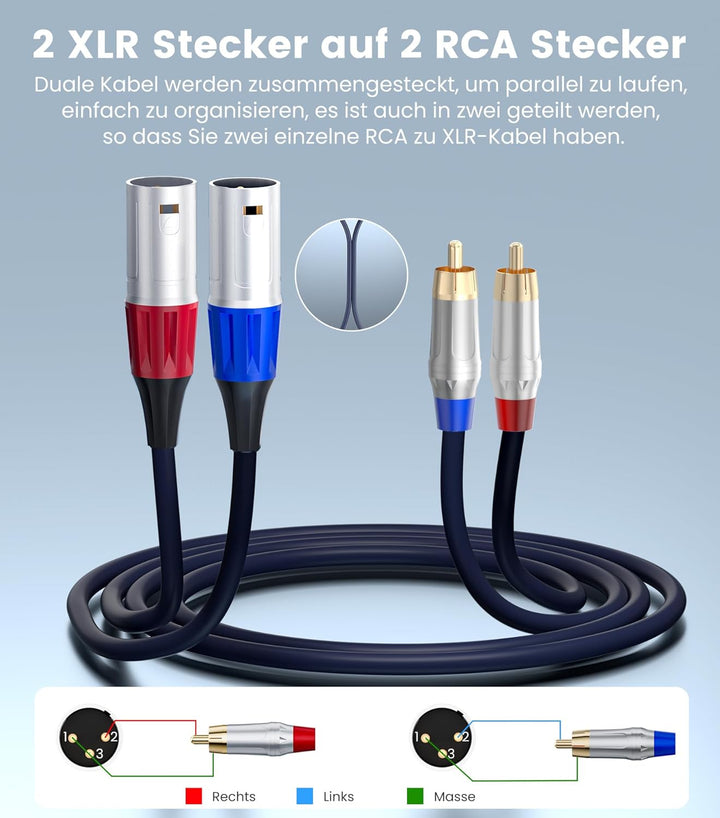 Tisino Dual Cinch auf XLR Kabel, 2 Cinch auf 2 XLR Male HiFi Stereo Audio Verbindung Mikrofonkabel D