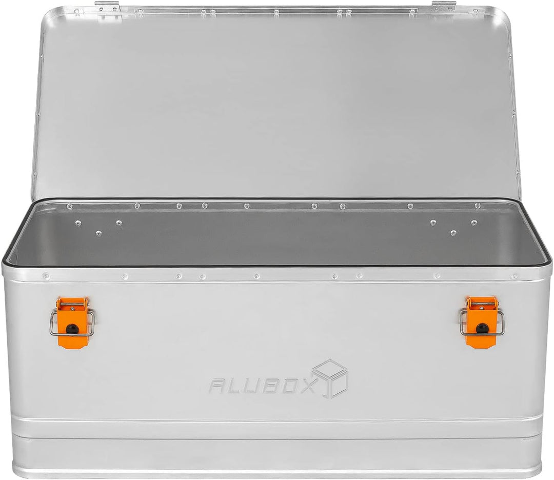 Alubox Werkzeugtruhe EASY 81 Liter Werkzeugkiste silber Alu glänzend - orange Schnallen - Aussenmass