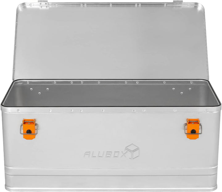 Alubox Werkzeugtruhe EASY 81 Liter Werkzeugkiste silber Alu glänzend - orange Schnallen - Aussenmass