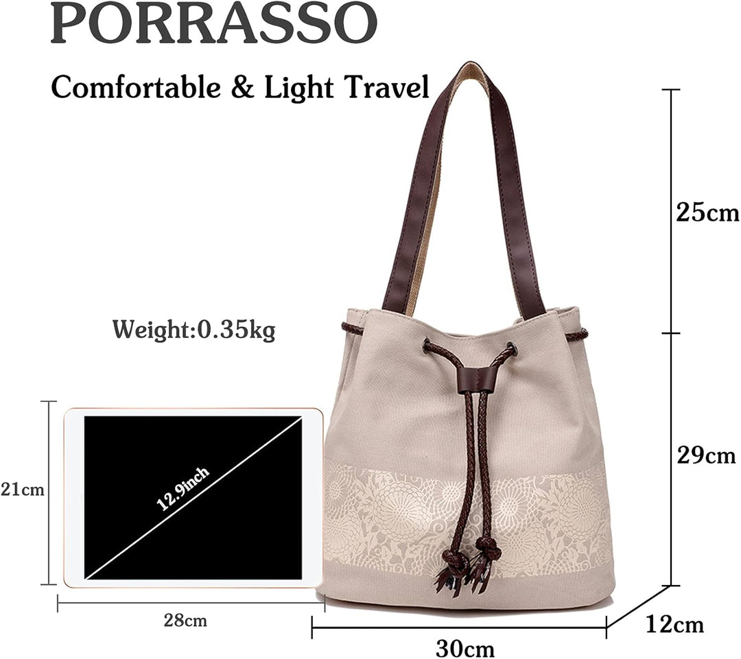 PORRASSO Damen Schultertasche Canvas Tote Umhängentasche Retro Kordelzug Beuteltasche Frauen Shopper