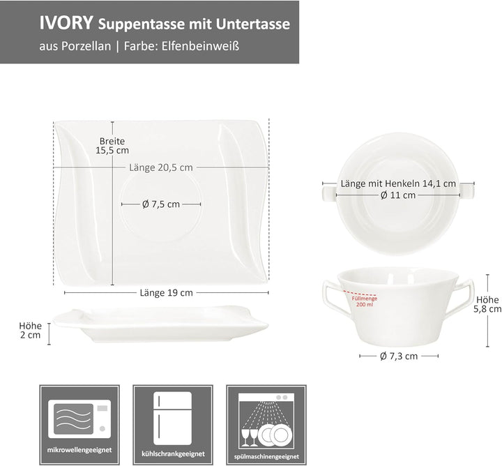 MamboCat 6er Set Ivory Suppentasse 200 ml mit Untertassen I elfenbeinweisse Porzellan-Suppenterrine