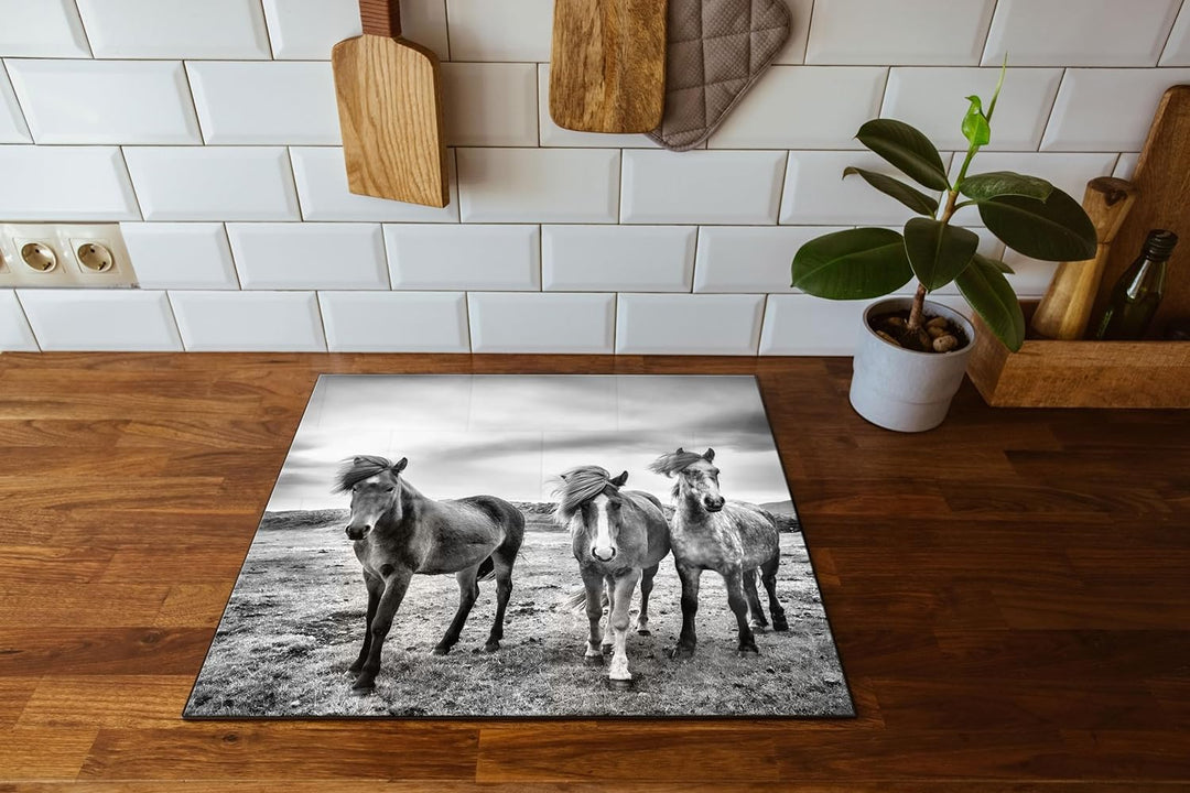 Drei wilde Islandpferde Herdabdeckplatte & Spritzschutz aus Echtglas | Für Herd-Kochfelder | 60x52 c