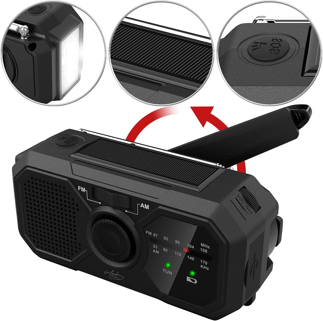 infactory Solar Kurbelradio: 2er-Set Solar- & Dynamo-Koffer-Radio, LED, SOS, Powerbank-Funktion (Kur