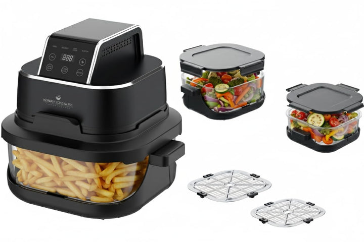 Heissluftfritteuse, 4L & 1,5L Glas, Doppelkorb, Touch Display, 7 Programme, Nachtschwarz,1500W (KHF-